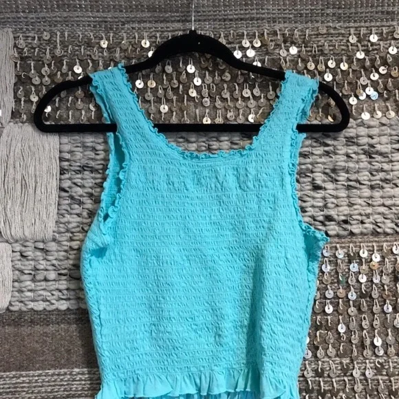 Anthropologie NWT Floreat 'Ruffled Crop Tank' Aqua Blue S smocked - Picture 2 of 7